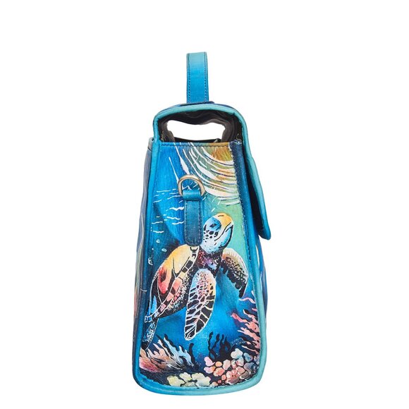 Leather Hand Painted Top Handle Handbag Purse With Turtle Artwork, Crossbody Bag - Picture 7 of 9